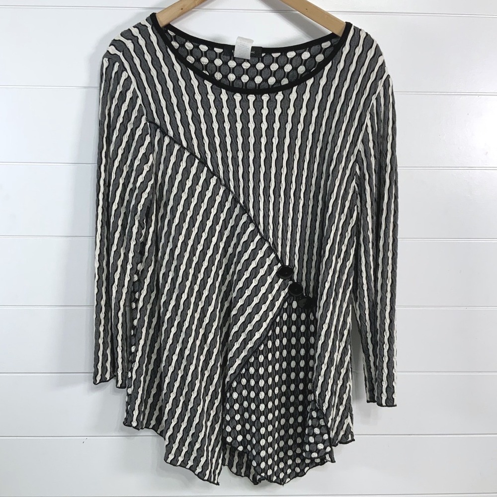 Yushi Tunic Top Womens Medium Black White Striped Polka Dot Button Detail USA